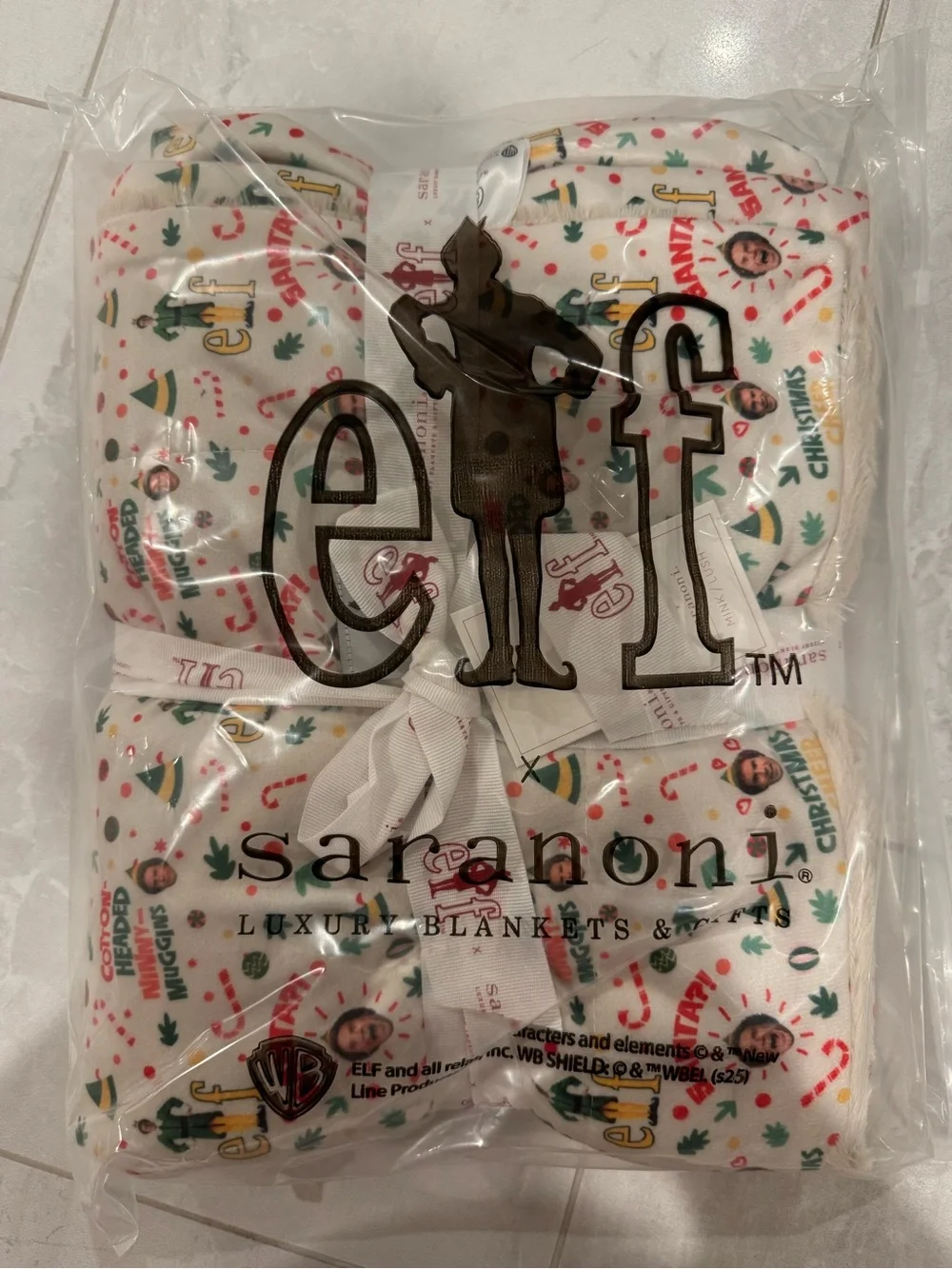 NWT Saranoni ELF Minky Lush Blanket - White w/ ELF/ Will Ferrell Print
